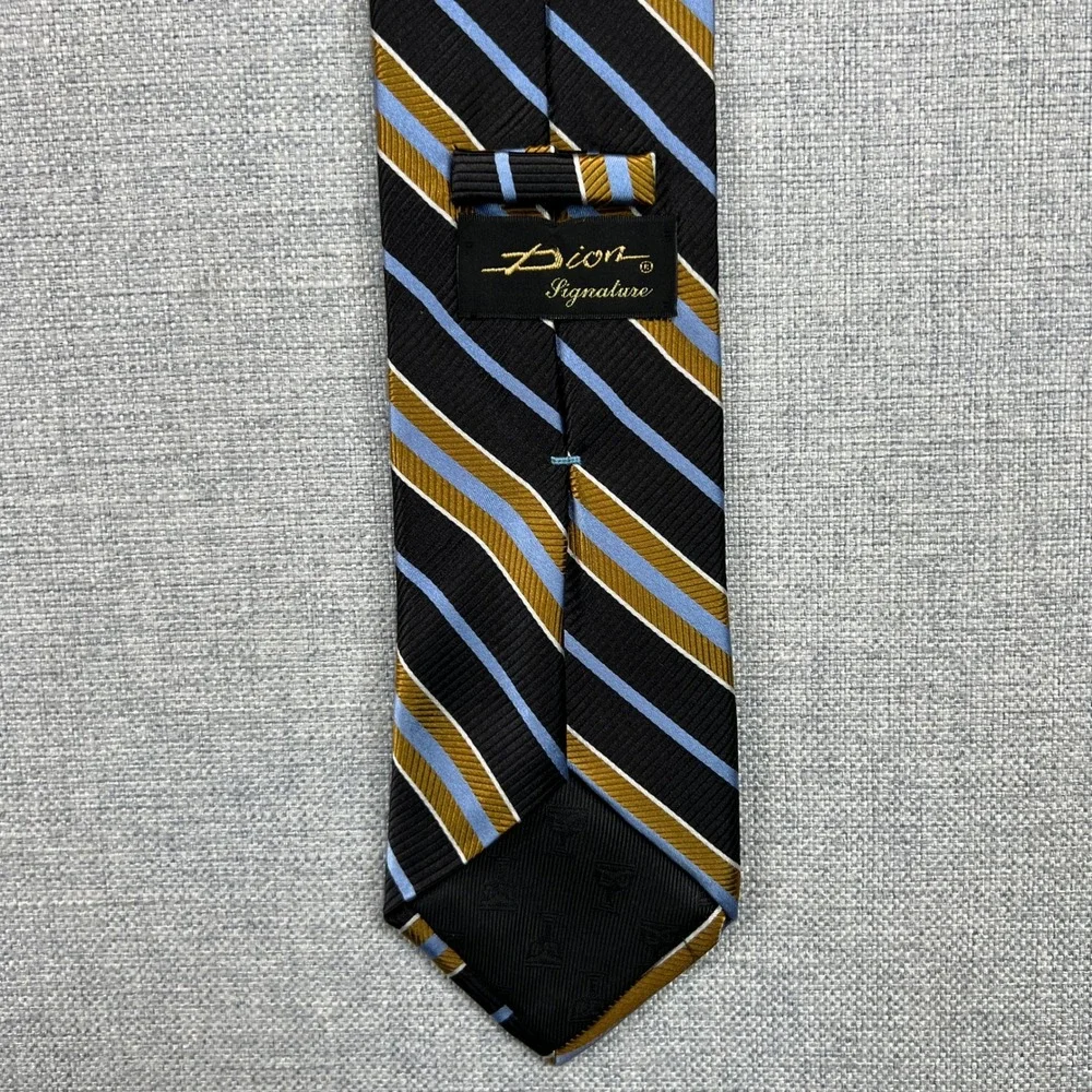 Dion Signature Silk Regimental Stripe Mens Neck Tie‎ Black Gold Blue Prep Formal